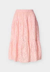 Φούστα σε ανοιχτό ροζ χρώμα με πολλαπλές στρώσεις, ελαστική μέση και διακριτικό υφή με floral μοτίβο, μήκους μέχρι τη μέση της γάμπας και ρέον ύφασμα.