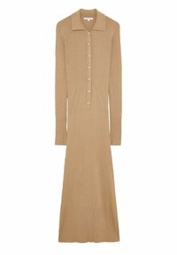 Robe en maille beige clair avec une texture côtelée, manches longues, col et détails de boutons le long du devant. Dispose de poches fendues sur les côtés.