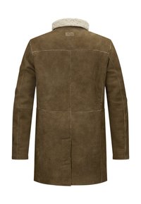 Brauner Wildledermantel mit Schaffellkragen, Rückansicht. Verfügt über sichtbare Nähte und ein minimalistisch strukturiertes Design. Keine Verzierungen.