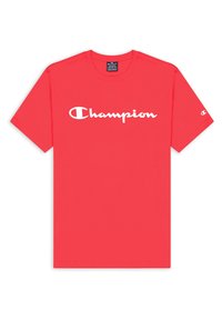 Camiseta de algodón roja con mangas cortas, con el texto blanco del logo "Champion" en el pecho y un pequeño logo en la manga izquierda.