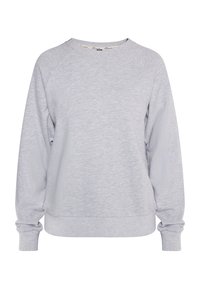 Sudadera gris claro hecha de tela suave, con escote redondo, mangas raglán y puños y dobladillo acanalados. Diseño minimalista sin patrones.