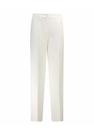 Pantaloni bianchi su misura a vita alta con gamba dritta, piega centrale e vita elasticizzata.