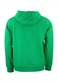 Grön bomullshoodie med huva, långa ärmar och ribbade muddar och fåll. Slät textur utan synliga mönster eller hårdvarudetaljer.