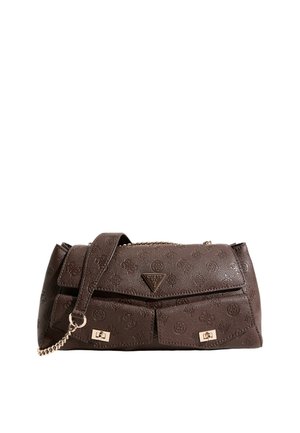 Borsa a tracolla Guess in pelle marrone scuro con motivo logo in rilievo, patta frontale, due piccole tasche e tracolla con catena color oro.