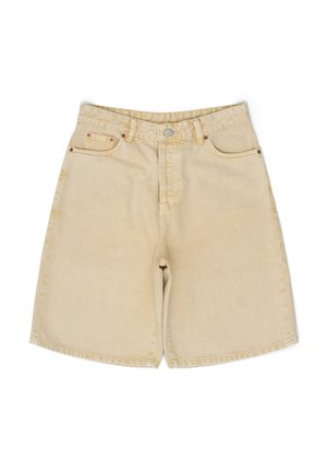 Beige denim shorts with a high waist, five pockets, metal button closure, and visible stitching. Smooth texture with a relaxed fit.