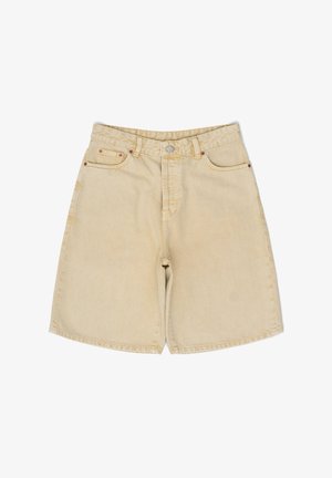 Beige denim shorts with a high waist, five pockets, metal button closure, and visible stitching. Smooth texture with a relaxed fit.