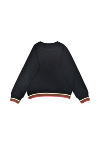 Schwarzer Sweatshirt mit Raglanärmeln. Mit mehrfarbigen Rippenbündchen und Saum in Braun, Creme und Pink. Glatte Stofftextur.