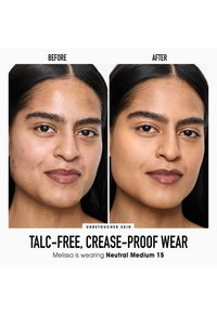 Comparativa de antes y después del rostro de una persona. A la izquierda se muestran imperfecciones; a la derecha, una piel más suave. El texto destaca "sin talco, uso a prueba de pliegues."