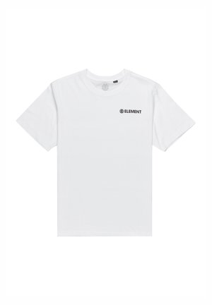 T-shirt en coton blanc à manches courtes, col rond, avec un logo "ELEMENT" noir sur la poitrine gauche. Design minimaliste, sans motifs.