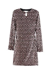 Lesklé šaty v tmavých odtieňoch s dlhými rukávmi, s okrúhlym výstrihom a detailom v tvare kľúčovej dierky. Pokryté množstvom drobných flitrov, ktoré vytvárajú textúrovaný povrch.