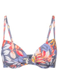 Bloemen bikini top met veelkleurige bladerenpatronen op een grijze achtergrond. Heeft verstelbare schouderbanden en een sluiting met een haak aan de achterkant.