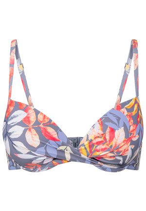 Blumiges Bikini-Oberteil mit mehrfarbigen Blattmustern auf grauem Hintergrund. Verfügt über verstellbare Träger und einen Verschluss auf der Rückseite.