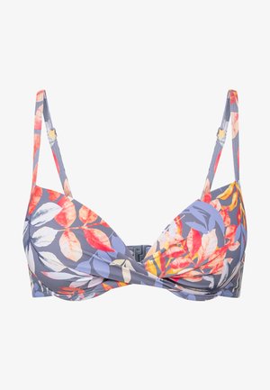 Blumiges Bikini-Oberteil mit mehrfarbigen Blattmustern auf grauem Hintergrund. Verfügt über verstellbare Träger und einen Verschluss auf der Rückseite.