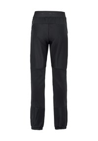 Pantalons d'extérieur noirs en tissu extensible, avec une taille haute, des jambes fuselées et des poignets élastiques aux chevilles. Pas de poches visibles.