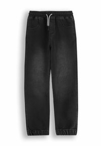 Czarne dżinsowe joggery z elastycznym paskiem w talii, sznurkiem do regulacji i bocznymi kieszeniami, charakteryzujące się zwężanymi nogawkami i lekkim efektem przetarcia.