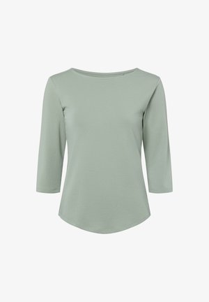 Hellgrünes, langärmliges Oberteil aus weichem, dehnbarem Material mit rundem Ausschnitt und geschwungenem Saum für eine lockere Passform.