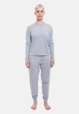 Gray long-sleeve top with a rounded neckline paired with matching tapered pants, both in a soft cotton blend fabric.