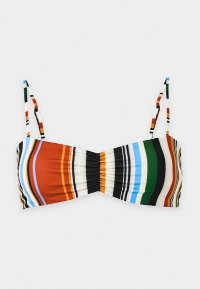 Haut de bikini rayé avec fines bretelles ajustables aux épaules en couleurs rouille, noir, blanc, vert, bleu et orange.