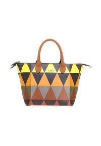 Borsa a mano di dimensioni medie con manici marroni, caratterizzata da un motivo geometrico a triangoli multicolori nelle tonalità di giallo, nero, arancione, grigio e marrone.