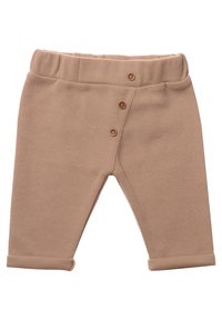 Beige, gerippte Strickhosen mit einem weichen Bund, die drei braune Knöpfe entlang der Vorderseite und umgeschlagene Säume an den Knöcheln aufweisen.