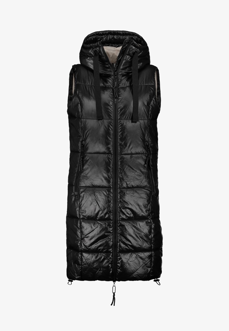 Black sleeveless padded vest with a zip front, drawstring hood, and smooth texture. Features vertical quilting and two side pockets.