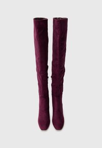 Cizme înalte până la genunchi, de culoare prune, fabricate dintr-un material asemănător suedeului, cu un design elegant și vârf ascuțit. Prezintă un fermoar pe o parte.