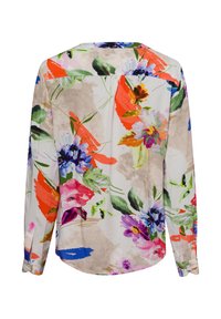 Blusa a maniche lunghe floreale con stampa multicolore. Realizzata in tessuto morbido con uno sfondo beige chiaro e vivaci motivi floreali astratti.