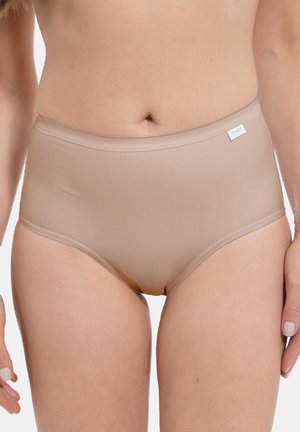 Beige hoog-geplaatste onderbroek gemaakt van een gladde stof, met een brede elastische tailleband en geen zichtbare naden voor een strakke afwerking.