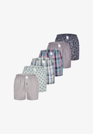 Pack of six boxers featuring various patterns: checkered, floral, plaid, and solid colors. Made of soft fabric with elastic waistbands.