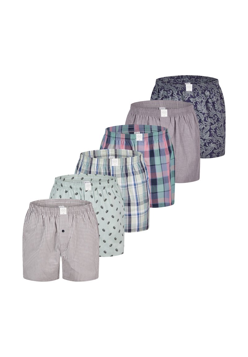 Lot de six boxers avec différents motifs : à carreaux, floraux, écossais et couleurs unies. Fabriqués en tissu doux avec des ceintures élastiques.