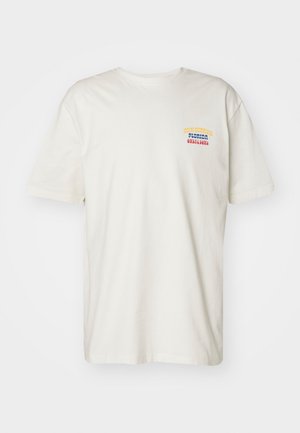 Off-white short-sleeve T-shirt with multicolored "Florida Only & Sons" text printed on the left chest.