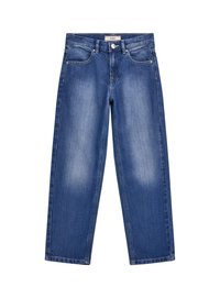 Blaue Denim-Jeans mit lockerer Passform, mittelhoher Taille, Fünf-Taschen-Design und leichter Ausbleichung an den Oberschenkeln. Hergestellt aus einer Baumwollmischung.