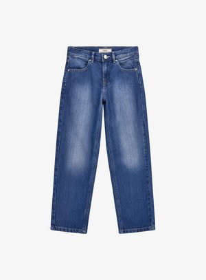 Jean en denim bleu avec une coupe ample, présentant une taille mi-haute, un design à cinq poches et un léger délavage sur les cuisses. Fabriqué en mélange de coton.