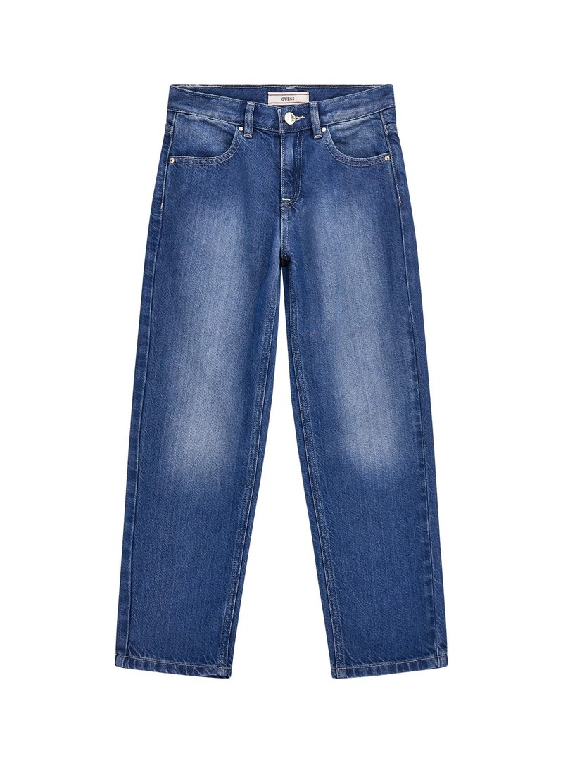 Blaue Denim-Jeans mit lockerer Passform, mittelhoher Taille, Fünf-Taschen-Design und leichter Ausbleichung an den Oberschenkeln. Hergestellt aus einer Baumwollmischung.