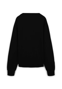 Felpa nera con maniche lunghe, scollatura rotonda e polsini a coste. Il tessuto appare liscio e opaco, senza disegni o accenti visibili.