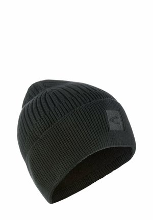 Black knitted beanie hat with a ribbed design, featuring a folded cuff and a small square logo label on the side. Soft texture.