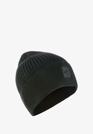 Zwarte gebreide beanie muts met een geribd ontwerp, voorzien van een opgerolde rand en een klein vierkant logo-label aan de zijkant. Zachte textuur.