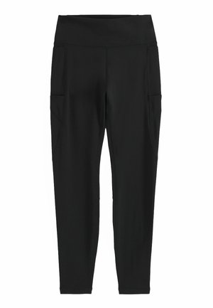 Czarne legginsy z wysokim stanem i bocznymi kieszeniami, dopasowane, o długości do kostek, gładka tkanina, bez widocznego logo ani wzorów.