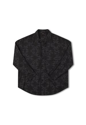Zwarte lange mouwen shirt met een subtiel donker patroon, een kraaglijn en knoopsluiting aan de voorkant, gemaakt van gladde stof met een lichte glans.
