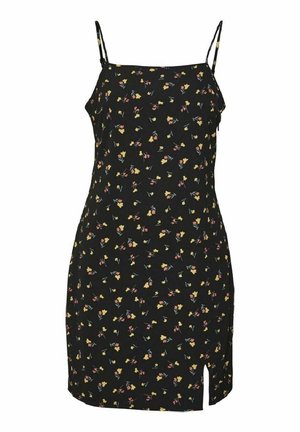 Robe noire sans manches avec fines bretelles, décorée d'un petit imprimé floral jaune et rose, avec une fente avant à l'ourlet.