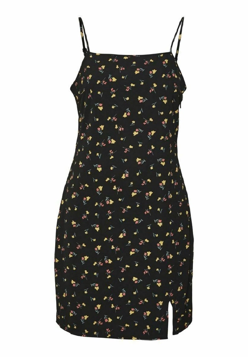 Robe noire sans manches avec fines bretelles, décorée d'un petit imprimé floral jaune et rose, avec une fente avant à l'ourlet.