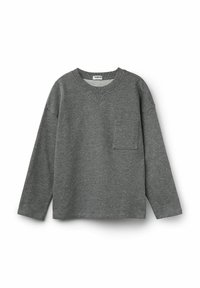 Šedá mikina s dlouhými rukávy vyrobená z měkké bavlněné tkaniny. Obsahuje výstřih do V, žebrovaný límec a kapsu na levé straně hrudníku.