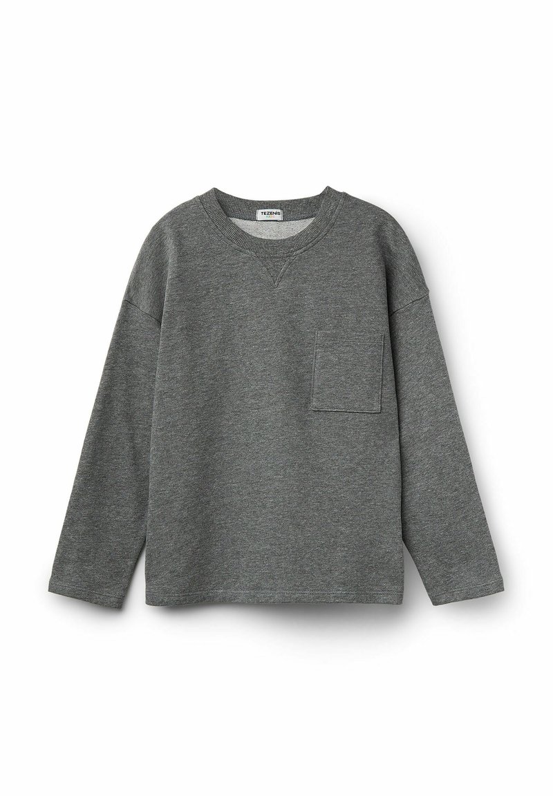 Šedá mikina s dlouhými rukávy vyrobená z měkké bavlněné tkaniny. Obsahuje výstřih do V, žebrovaný límec a kapsu na levé straně hrudníku.