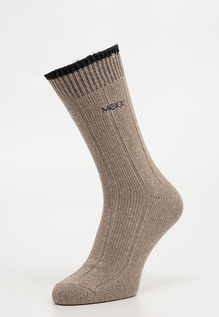 Hellbraune Socke mit geripptem Muster, schwarzem elastischem Bündchen und gesticktem Logo. Verfügt über verstärkte Zehen- und Fersenbereiche für zusätzliche Haltbarkeit.