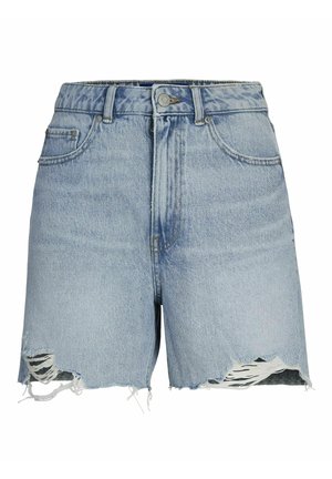 Lyseblå denimshorts med slidte og frynsete kanter samt forlommer, der lukkes med knap og lynlås.