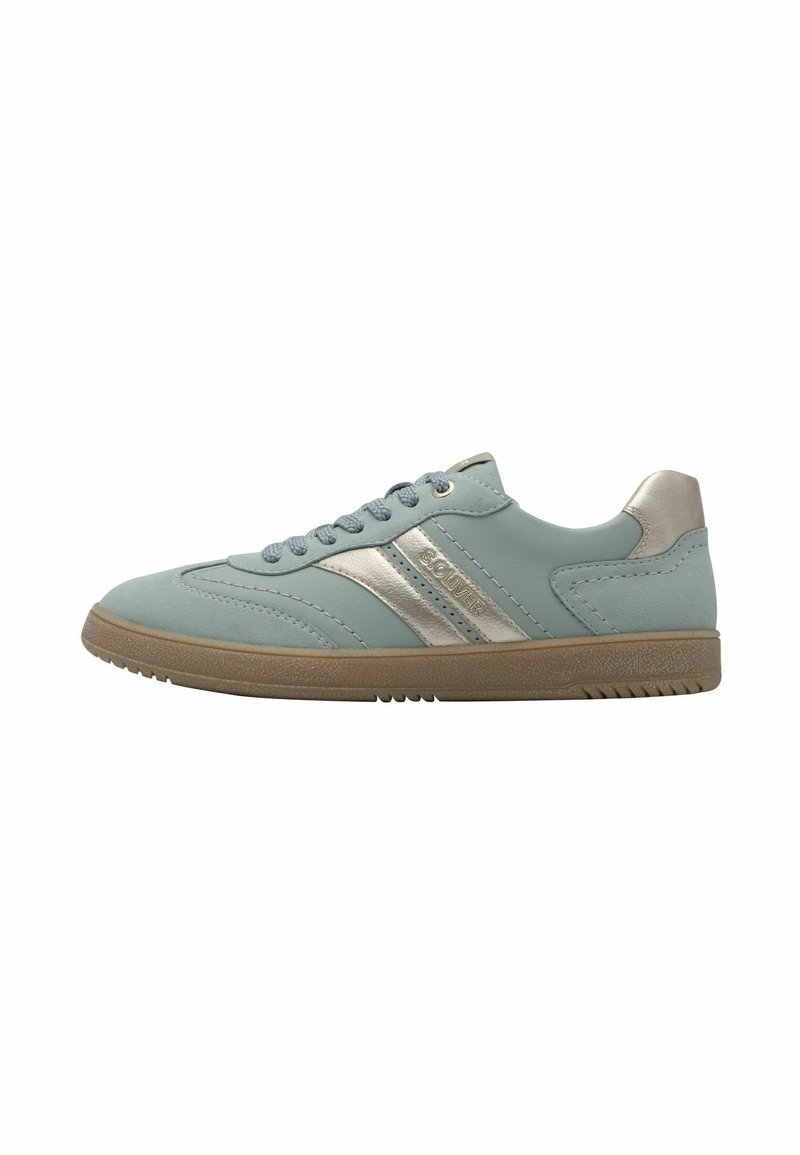 Sneaker blu chiaro con dettagli metallici argentati, upper in pelle e suole in gomma. Presenta lacci piatti e una elegante cucitura.
