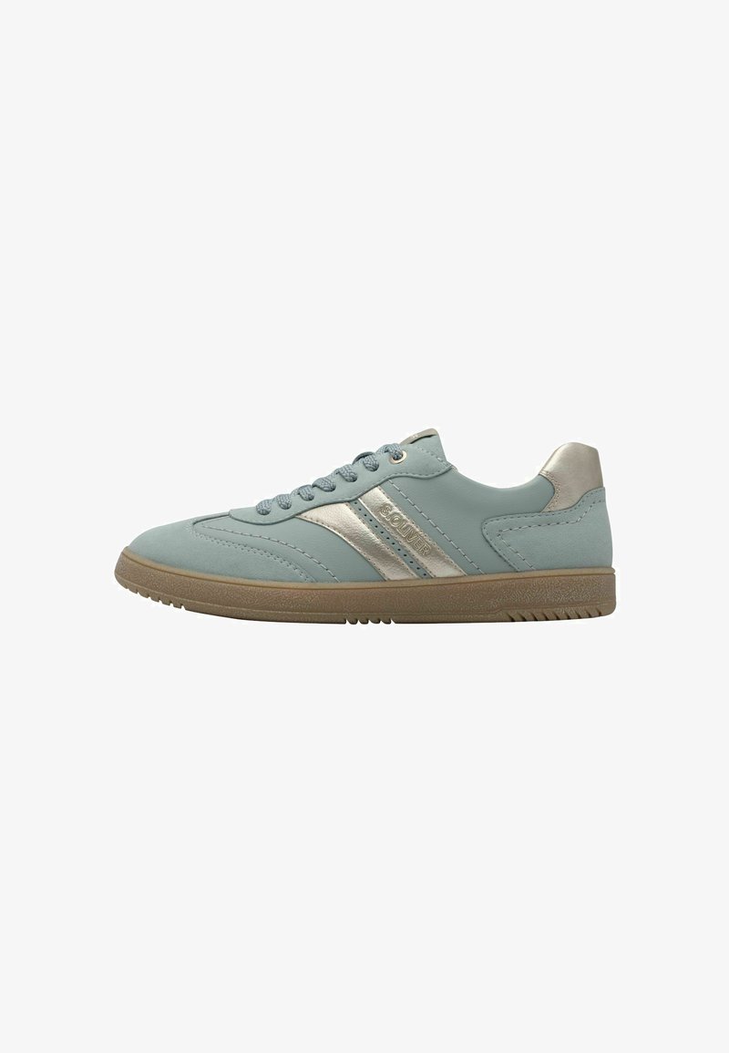 Light blue sneaker with metallic silver accents, leather upper, and rubber soles. Features flat laces and stylish stitching detail.