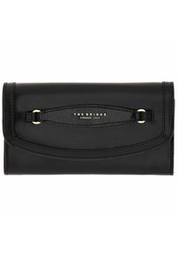 Portafoglio in pelle nera con una superficie liscia, design curvo e dettagli in metallo dorato. Presenta un logo embossato e una chiusura sicura.