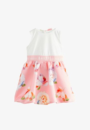 Rožnata cvetna obleka z belim korzetom, rahlo teksturirano blago in nabranimi krili z mehkimi pasom, označena z "Ted Baker."