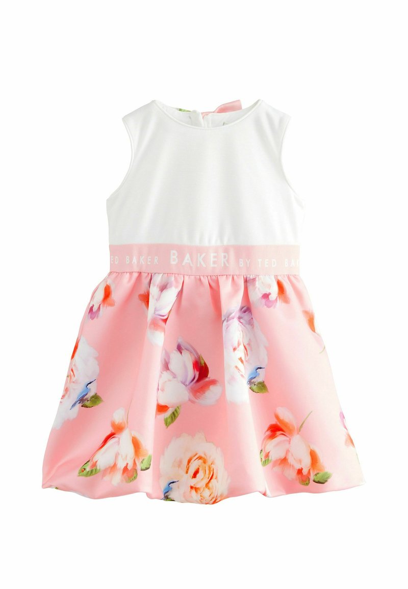Rosa Blumenkleid mit einem weißen Oberteil, leicht strukturiertem Stoff und einem gerafften Rock mit einem weichen Taillenbund, gekennzeichnet mit "Ted Baker."